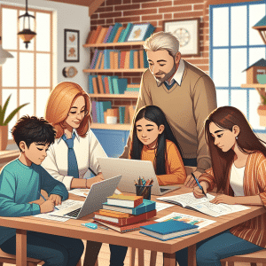 ADHD-Strategies-Introduction-To-ADHD.png Family working together at a table, with adults guiding children through homework, symbolizing a supportive learning environment for managing ADHD.